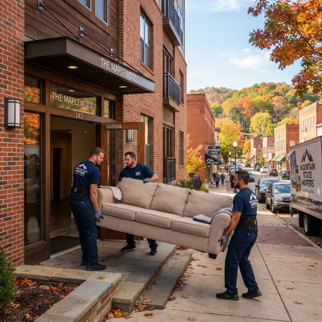 Professional movers relocating furniture into an apartment in Hedgesville, WV.