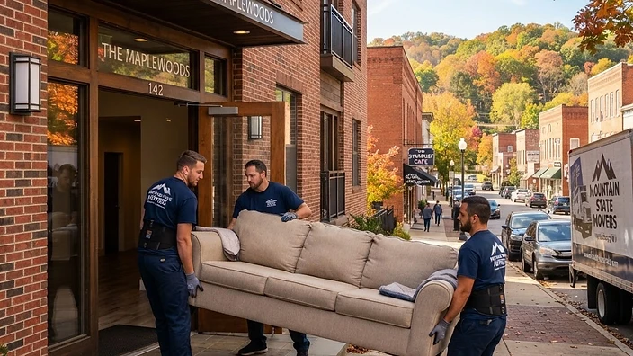 Professional movers relocating furniture into an apartment in Hedgesville, WV.