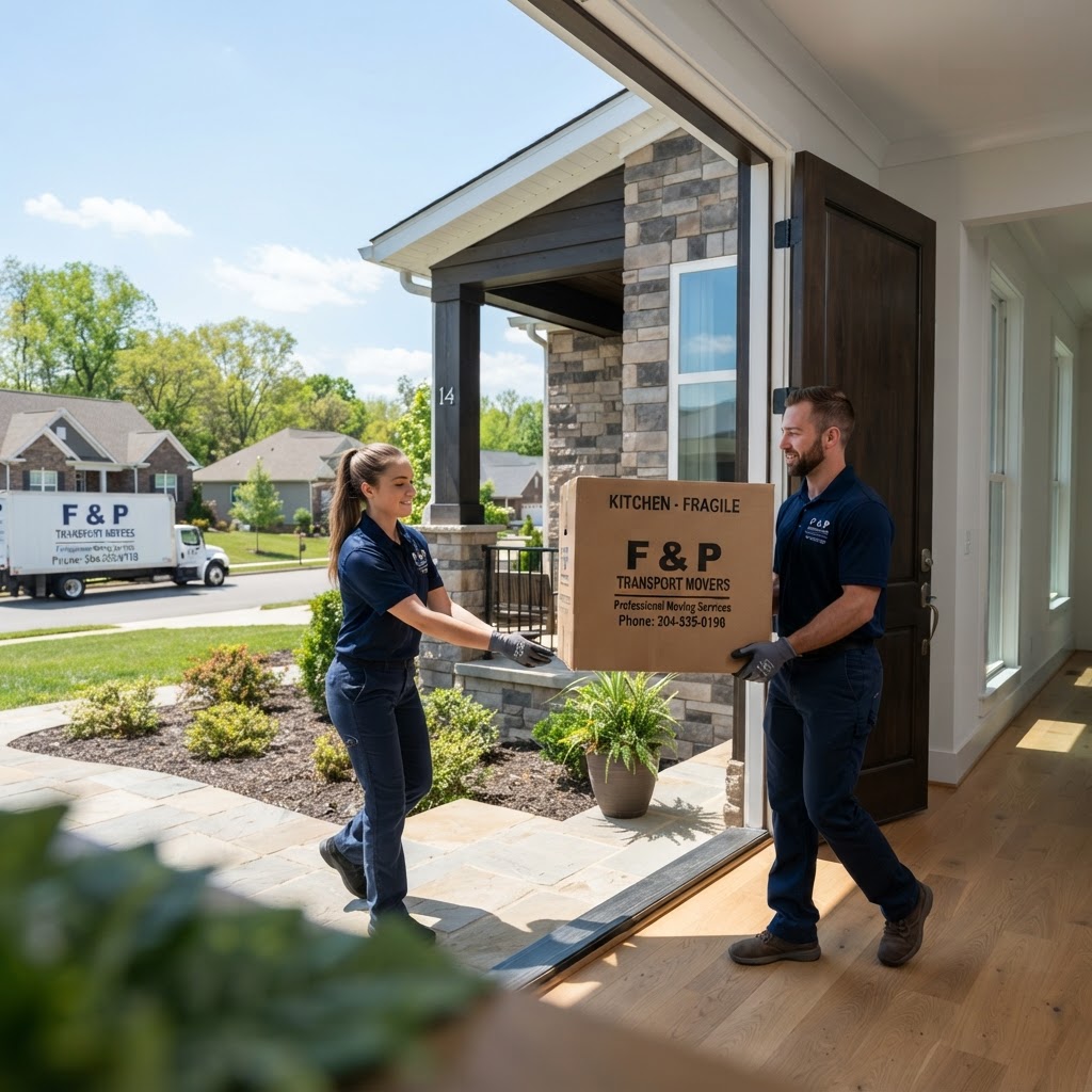 Professional movers carrying boxes into a new home in Inwood, WV.