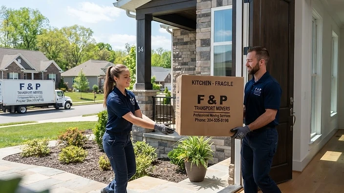Professional movers carrying boxes into a new home in Inwood, WV.