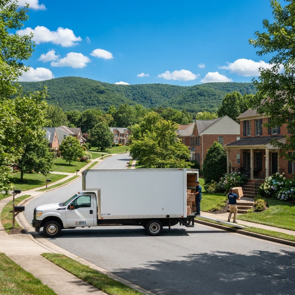 Professional moving truck parked on a suburban street in La Vale, Maryland