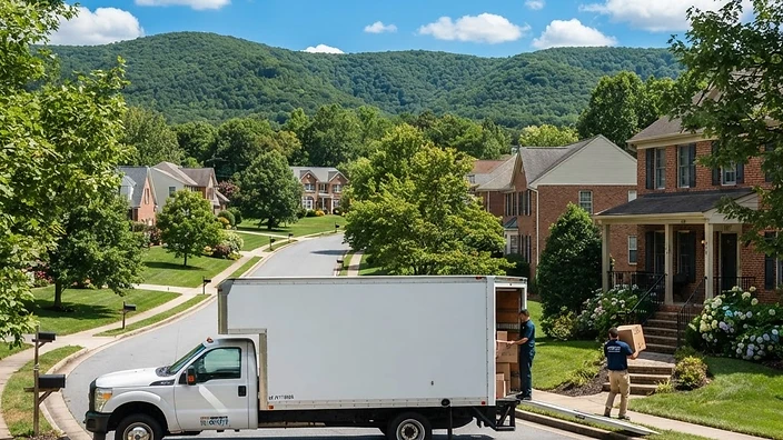 Professional moving truck parked on a suburban street in La Vale, Maryland