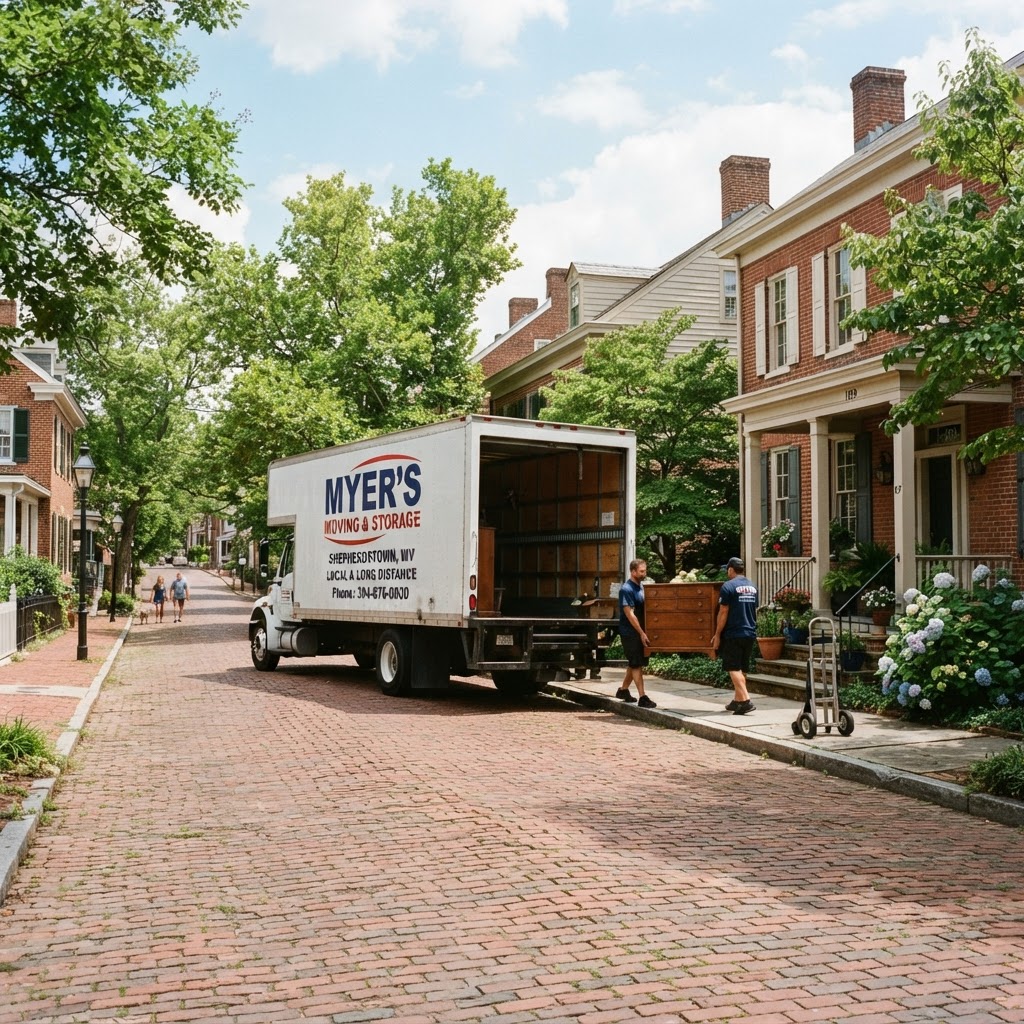 A moving truck parked on a historic brick street in Shepherdstown, WV