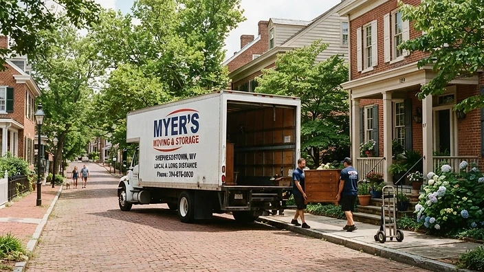 A moving truck parked on a historic brick street in Shepherdstown, WV