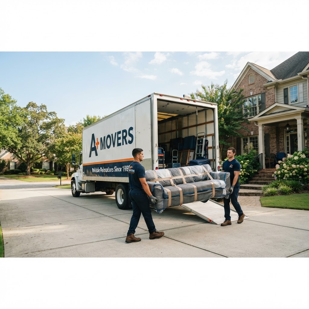 Professional movers loading wrapped furniture into a clean white moving truck on a sunny morning