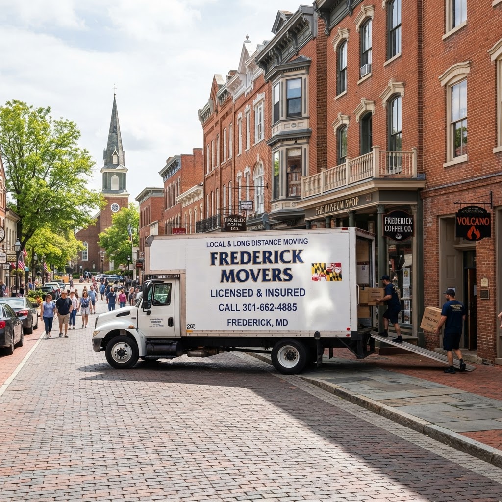 A professional moving company truck parked in downtown Frederick, MD.