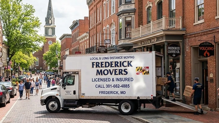 A professional moving company truck parked in downtown Frederick, MD.
