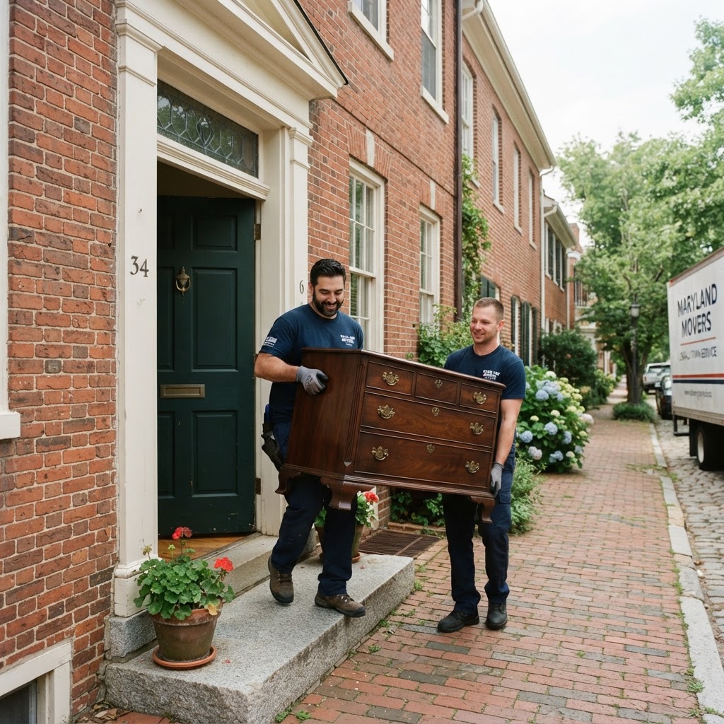 Professional movers carefully moving furniture into a historic home in Sharpsburg, Maryland