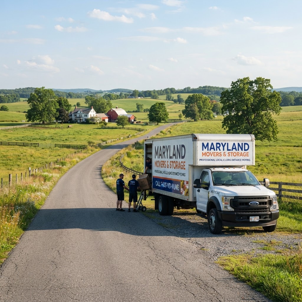 F & P Transport moving truck parked in a scenic rural area near Clear Spring, MD.