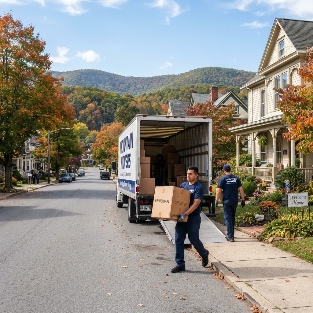 Professional movers loading a truck on a residential street in Frostburg, MD
