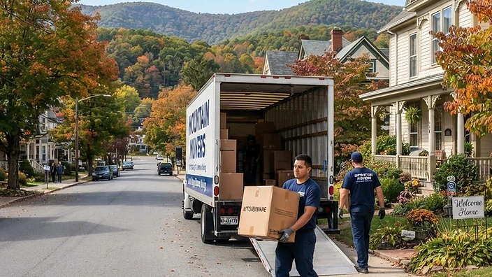 Professional movers loading a truck on a residential street in Frostburg, MD