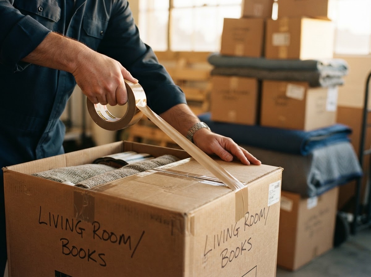 Professional mover sealing a box with packing tape