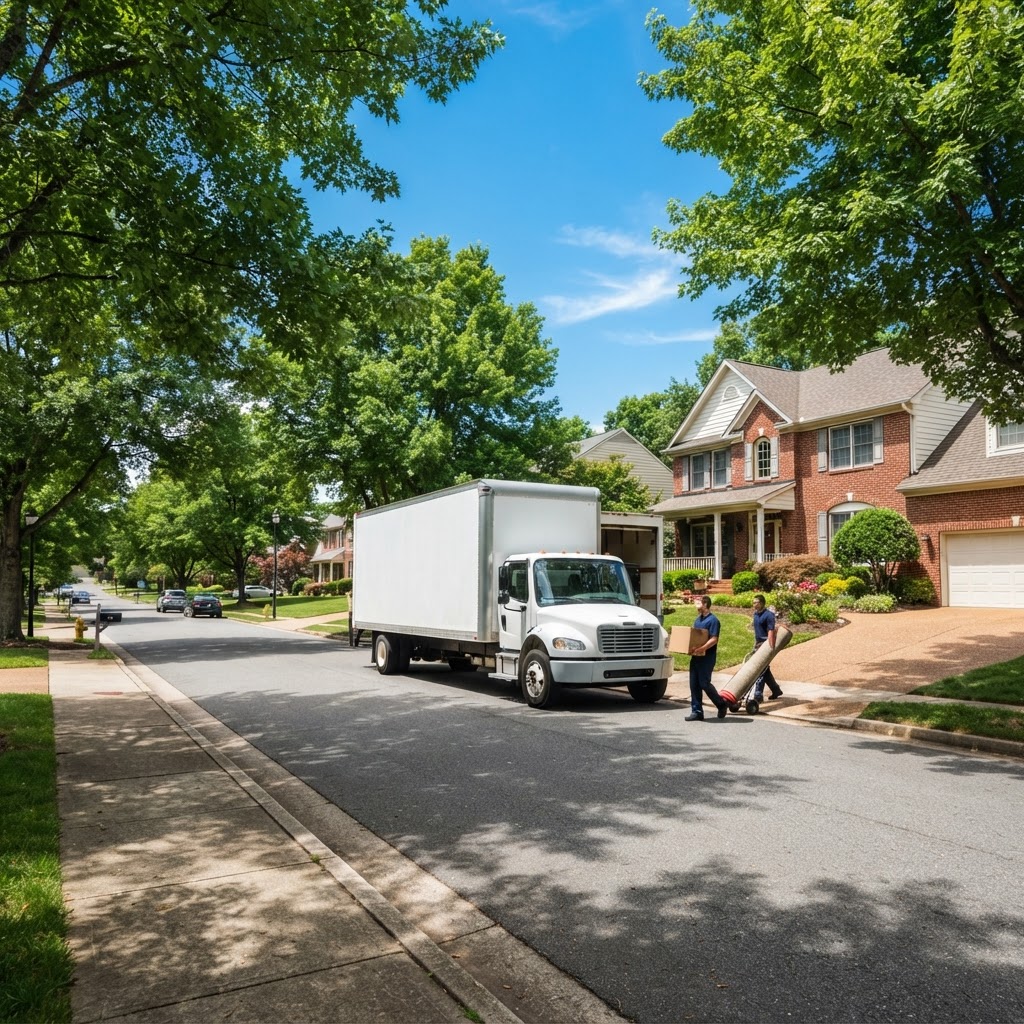 A professional moving truck parked in a neighborhood in the Martinsburg, WV or Hagerstown, MD region.