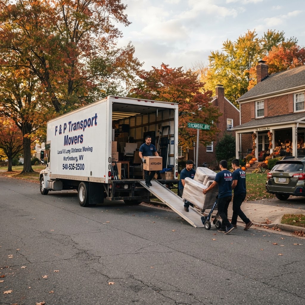 Professional movers loading a truck in a residential area in Martinsburg, West Virginia.