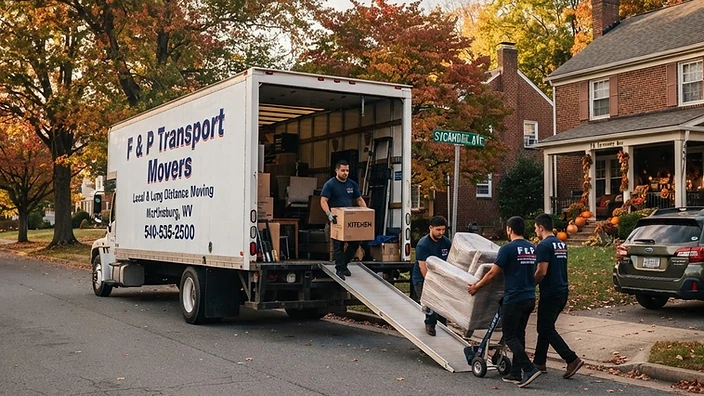 Professional movers loading a truck in a residential area in Martinsburg, West Virginia.