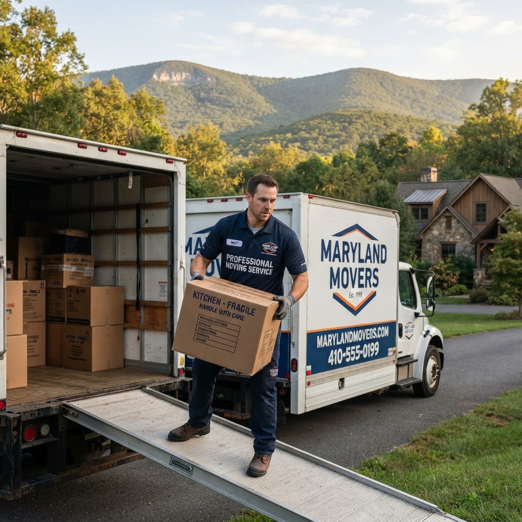 Professional movers carefully packing and loading boxes for a move in Myersville, MD.