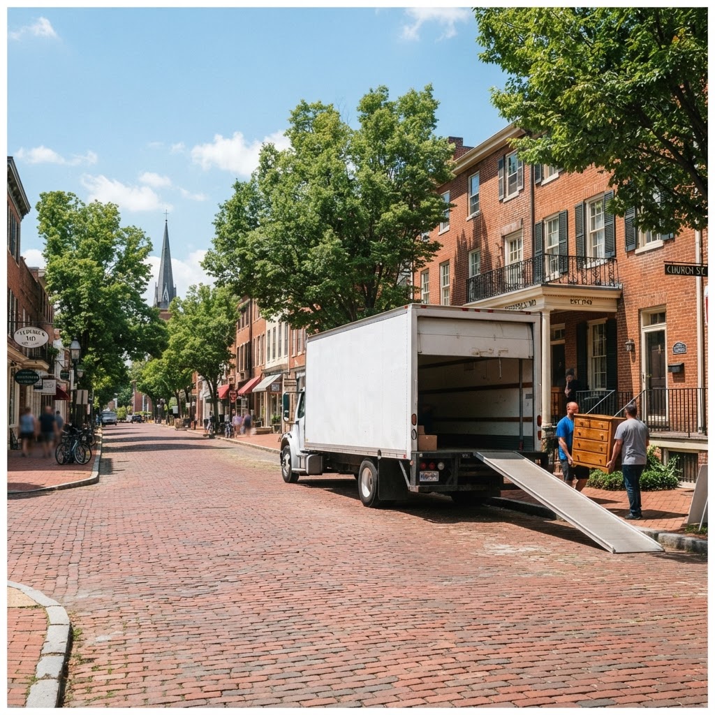A professional moving truck parked on a historic street in downtown Frederick, MD.