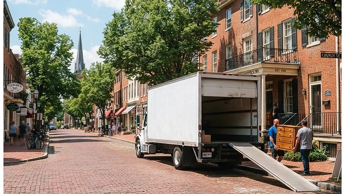 A professional moving truck parked on a historic street in downtown Frederick, MD.