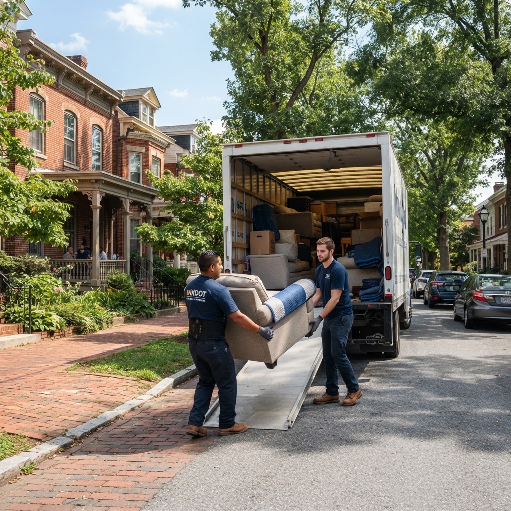 Professional movers loading a truck in a residential neighborhood in Hagerstown, Maryland