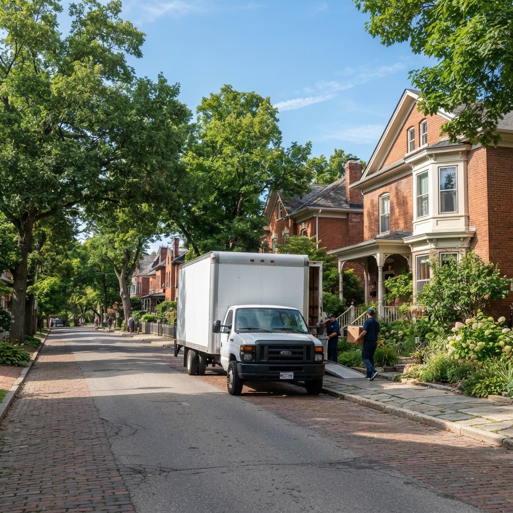 A professional F & P Transport moving truck parked in a charming historic neighborhood in Berryville, VA.