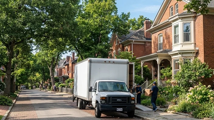 A professional F & P Transport moving truck parked in a charming historic neighborhood in Berryville, VA.