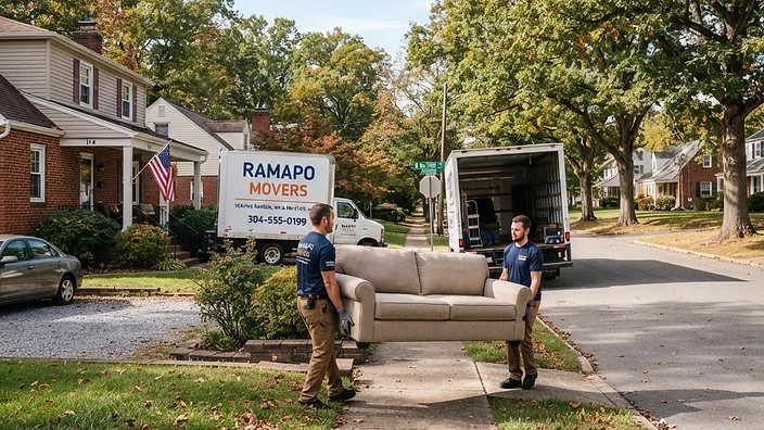 Professional movers in Ranson, WV helping a family move their furniture into a truck.
