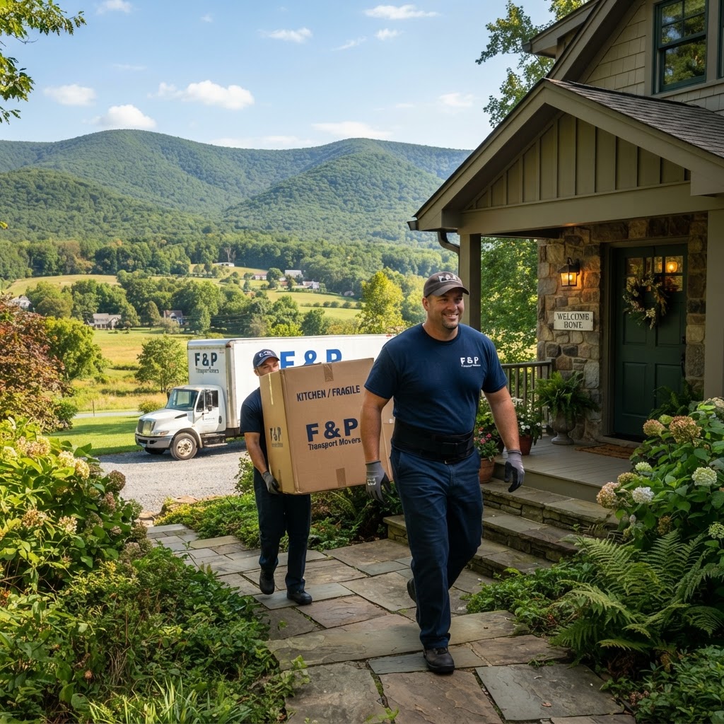 Professional movers unloading items at a beautiful residential home in Middletown, Maryland.