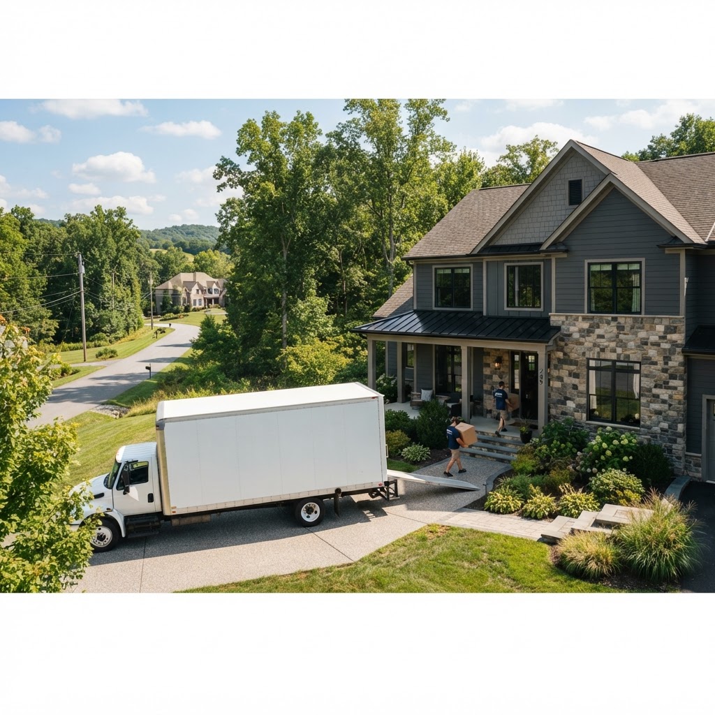 A professional moving truck parked at a residence in Maugansville, Maryland.