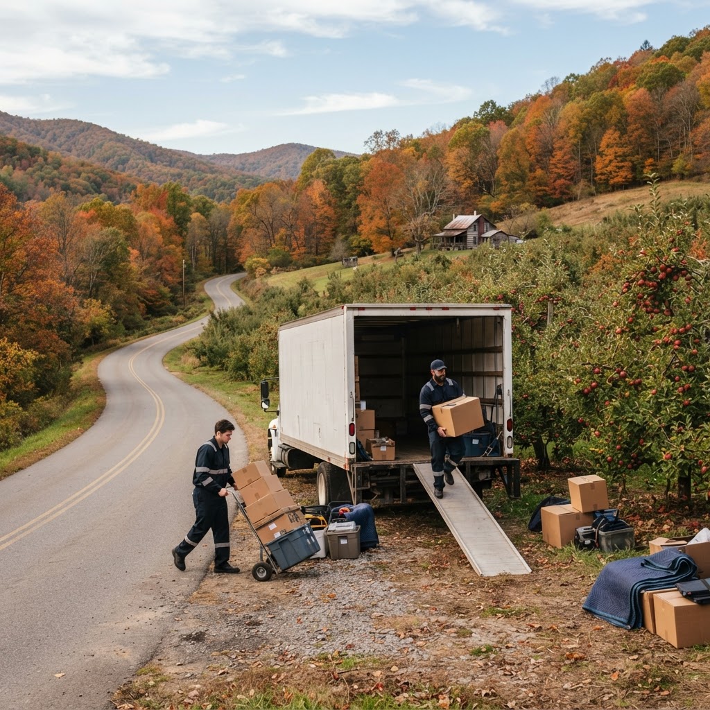Professional moving team loading a truck in a scenic, orchard-filled area of Gerrardstown, WV.