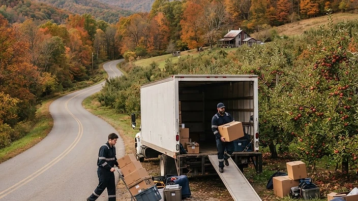 Professional moving team loading a truck in a scenic, orchard-filled area of Gerrardstown, WV.