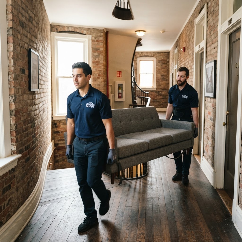 Professional movers carefully moving furniture into an apartment in Keedysville, MD.