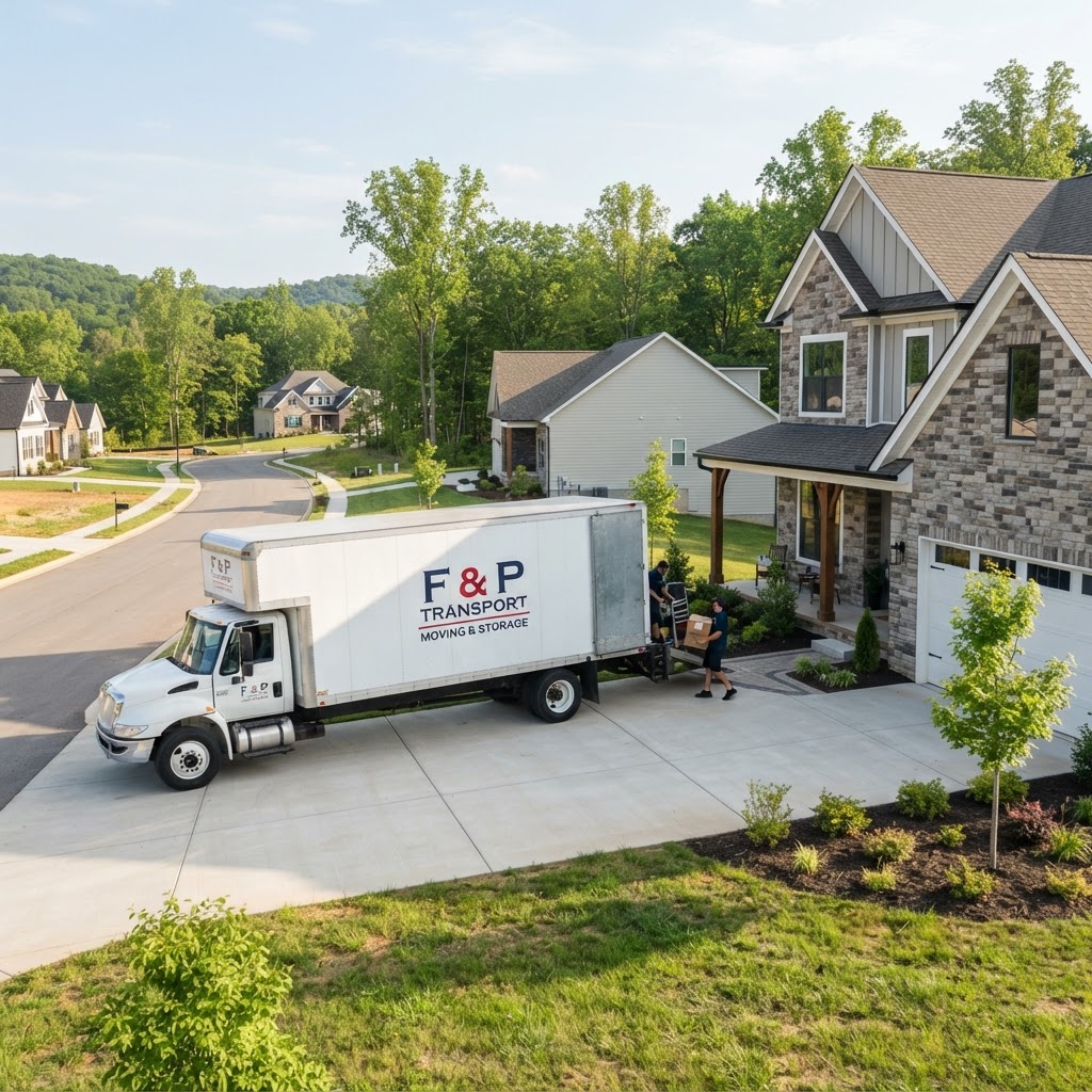 Professional moving truck parked in front of a new home in Spring Mills, WV