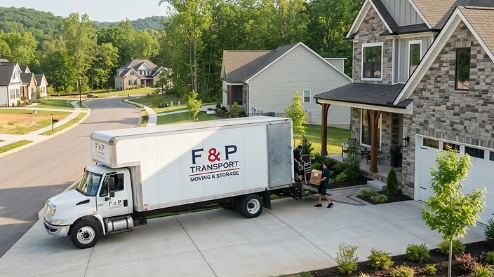 Professional moving truck parked in front of a new home in Spring Mills, WV