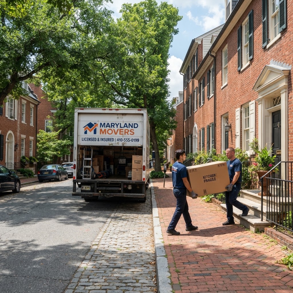 Professional movers loading a moving truck on a historic street in Williamsport, MD