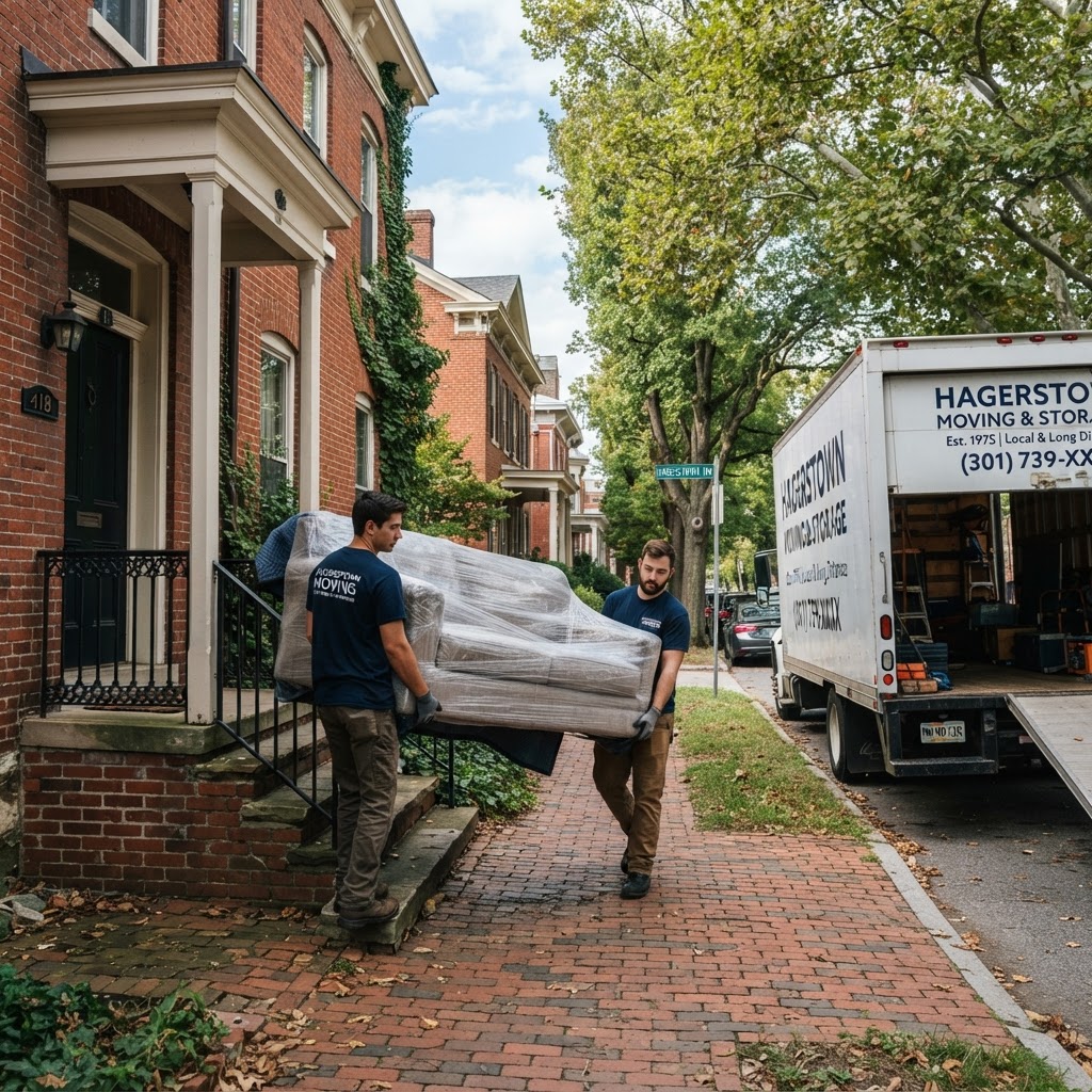 Professional movers in Hagerstown, MD, carefully handling furniture during a residential move.