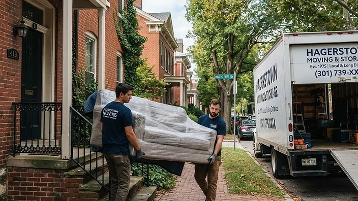 Professional movers in Hagerstown, MD, carefully handling furniture during a residential move.