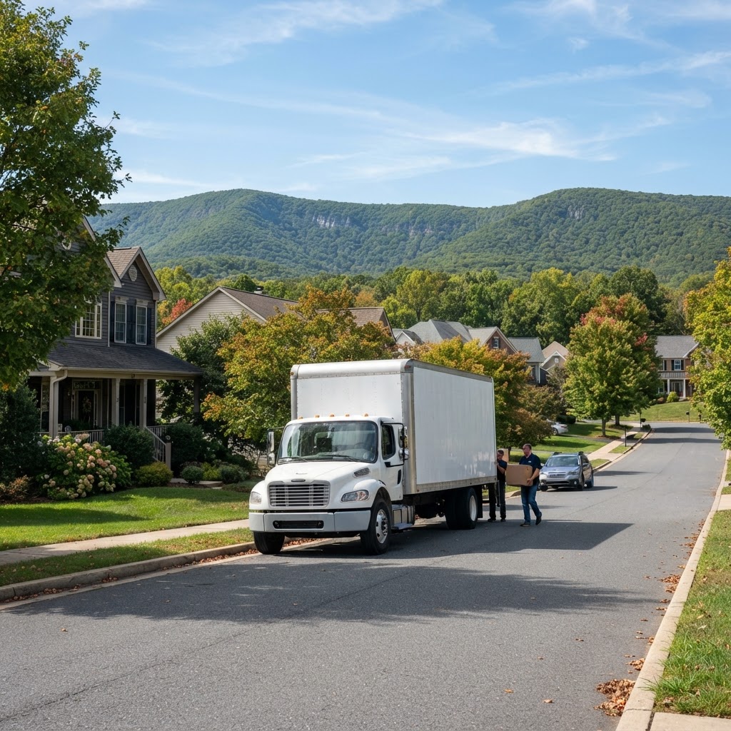 Professional moving truck parked in a scenic mountain town in Maryland