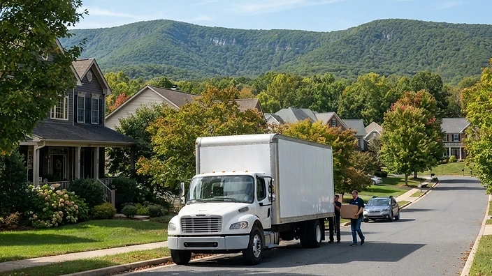 Professional moving truck parked in a scenic mountain town in Maryland
