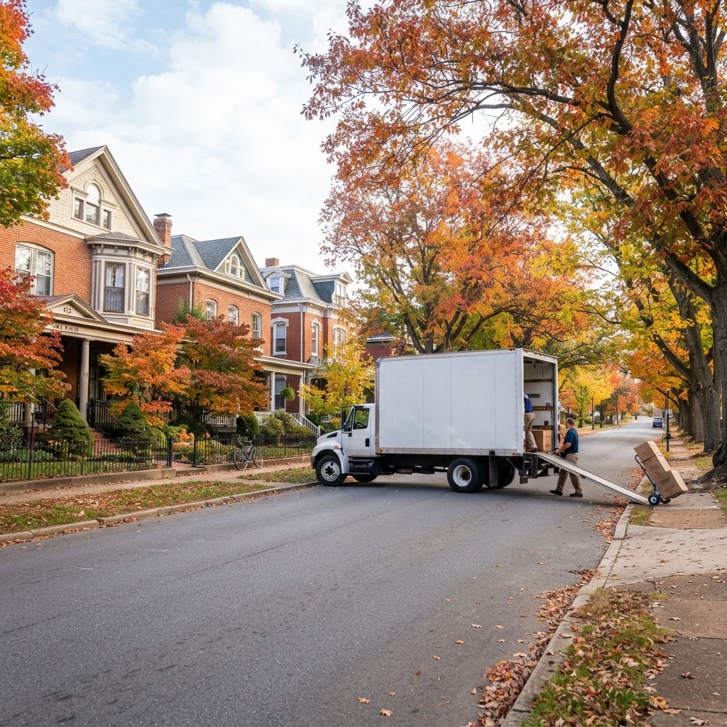 A professional F & P Transport Movers truck parked on a residential street in Martinsburg, WV.