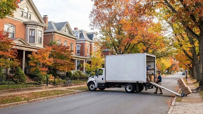 A professional F & P Transport Movers truck parked on a residential street in Martinsburg, WV.