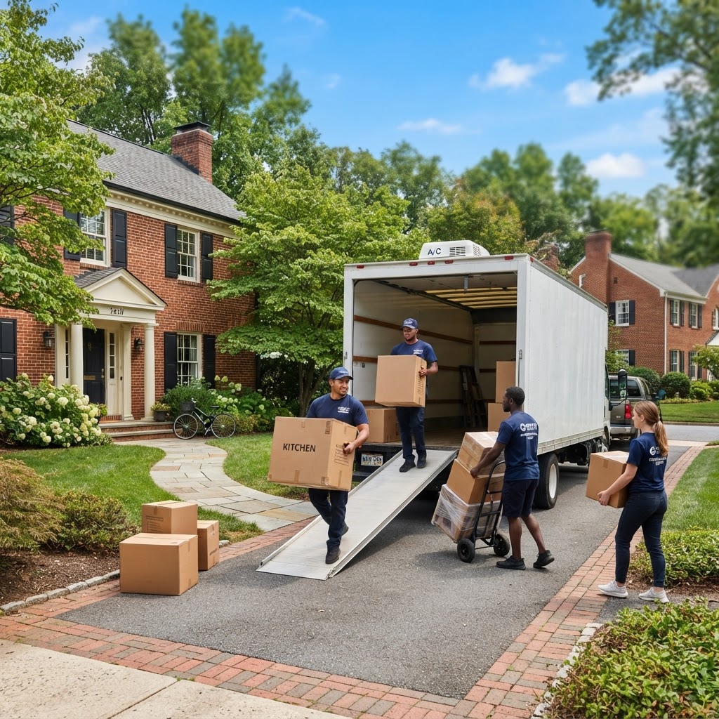 Professional movers loading a truck in a residential neighborhood in Hagerstown, MD.