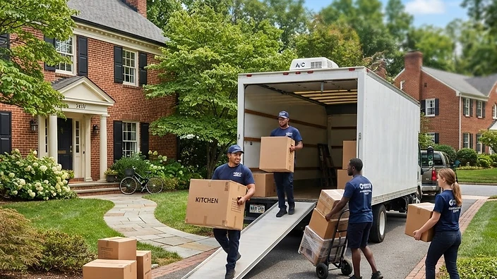 Professional movers loading a truck in a residential neighborhood in Hagerstown, MD.