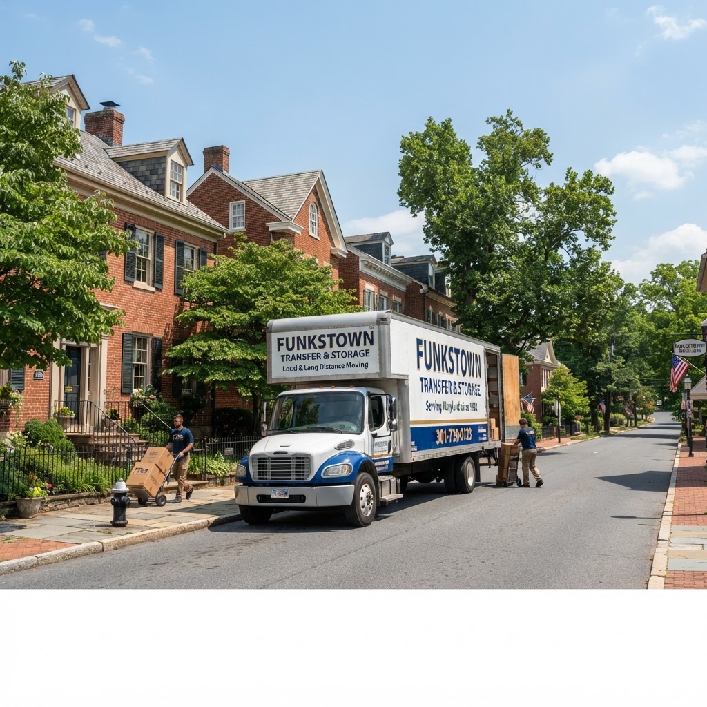 A F & P Transport Movers truck parked on a narrow, historic street in Funkstown, Maryland.