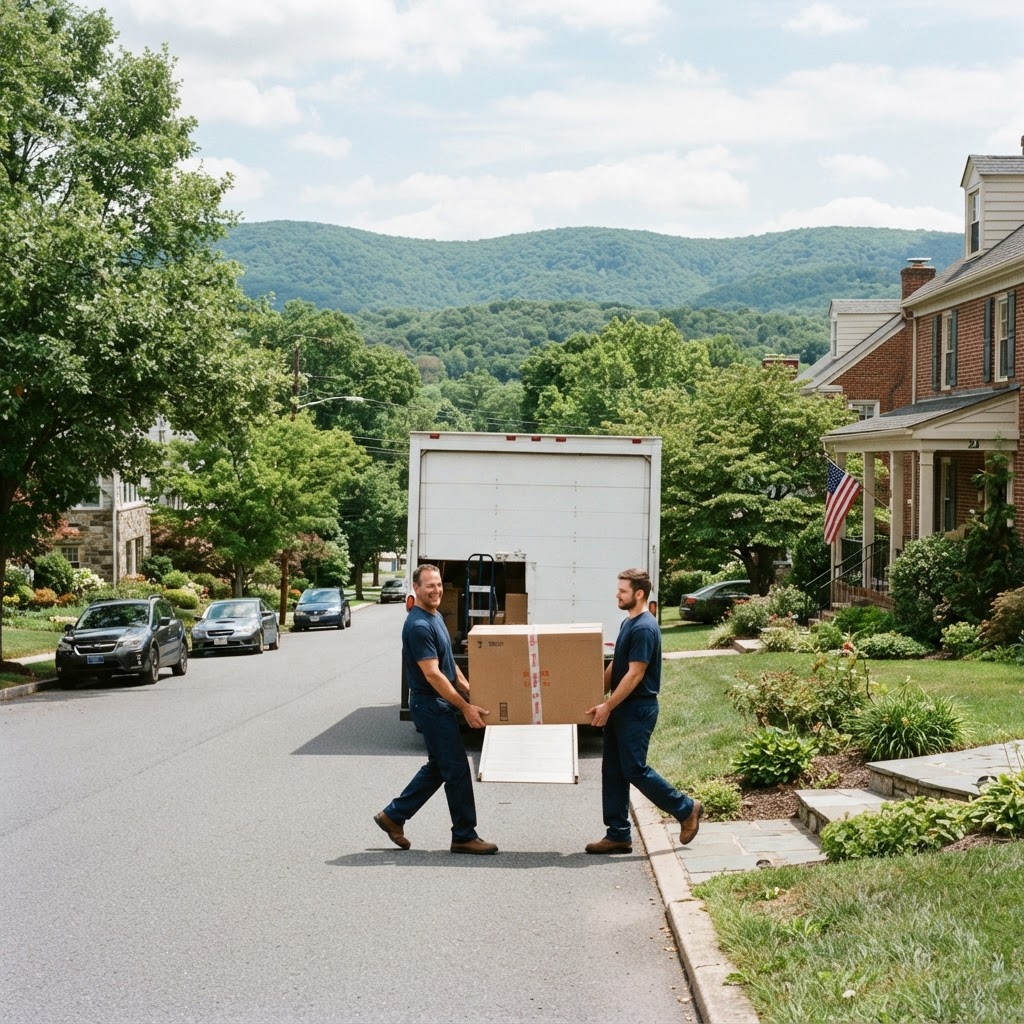 Professional movers loading a truck in a scenic neighborhood near the mountains in Boonsboro, Maryland.