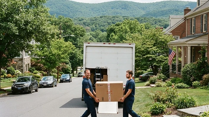 Professional movers loading a truck in a scenic neighborhood near the mountains in Boonsboro, Maryland.