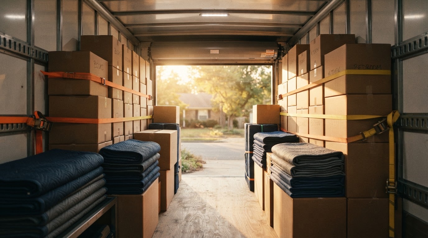 Interior of a professional moving truck organized with packed boxes and furniture blankets