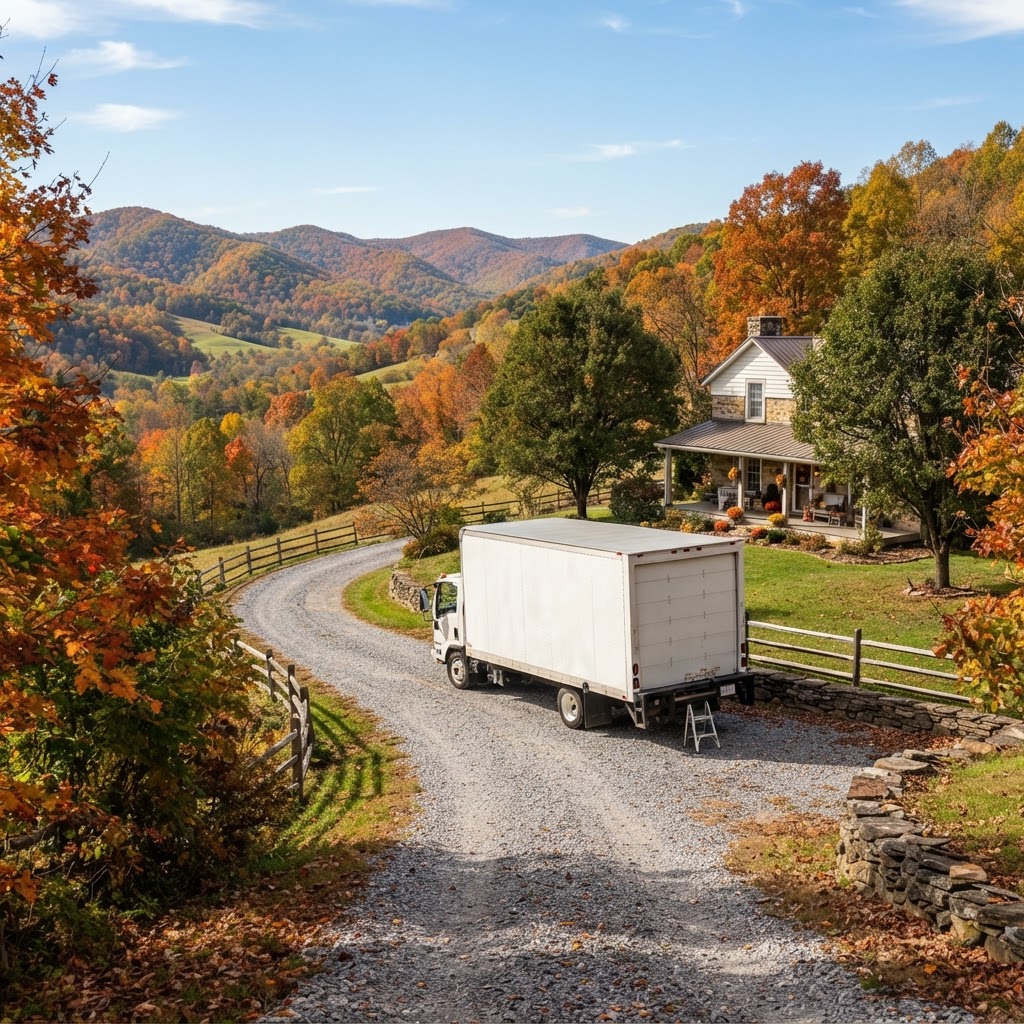 F & P Transport moving truck parked in a rural Bunker Hill driveway.
