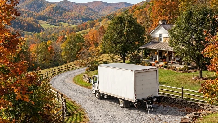 F & P Transport moving truck parked in a rural Bunker Hill driveway.