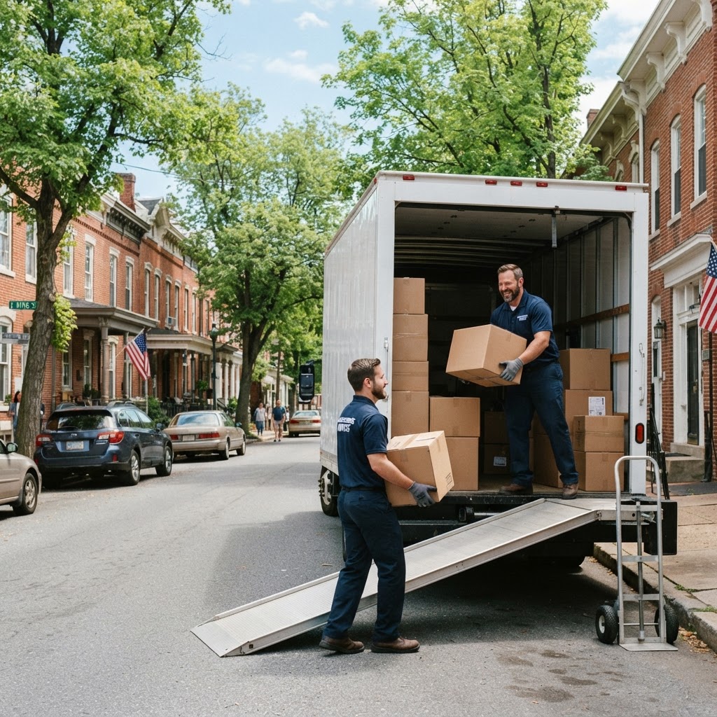 Professional movers loading a moving truck on a sunny day in Chambersburg, Pennsylvania.