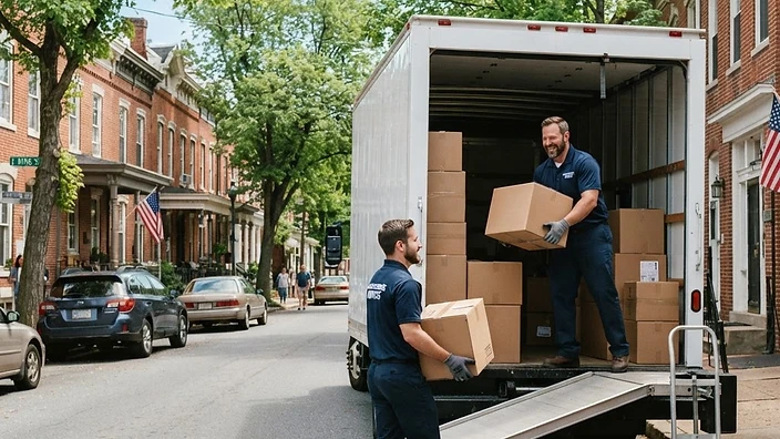 Professional movers loading a moving truck on a sunny day in Chambersburg, Pennsylvania.